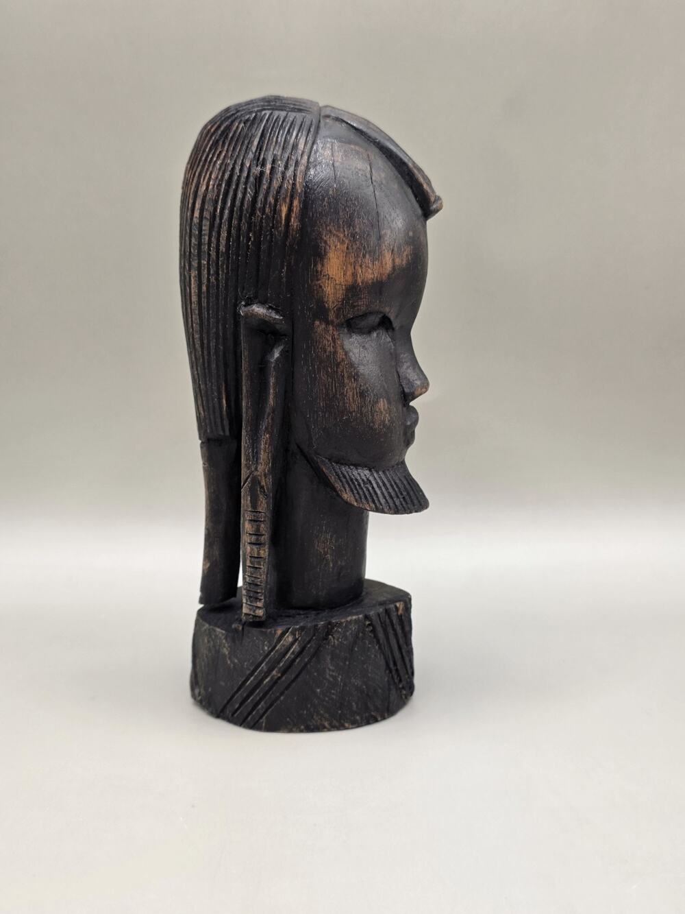 Vintage African Ebony Wood Bust Sculpture Hand Carved Tribal Head Statue MCM